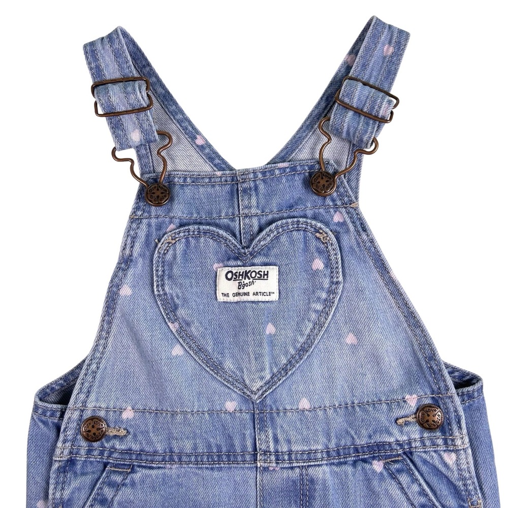 OshKosh B'gosh Denim Overalls Girls 12 Months Blue Big Heart Pocket Pink Hearts